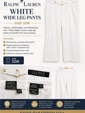 ELEVATE YOUR EVERYDAY STYLE
with RALPH LAUREN White Wide Leg Pants Size 22W